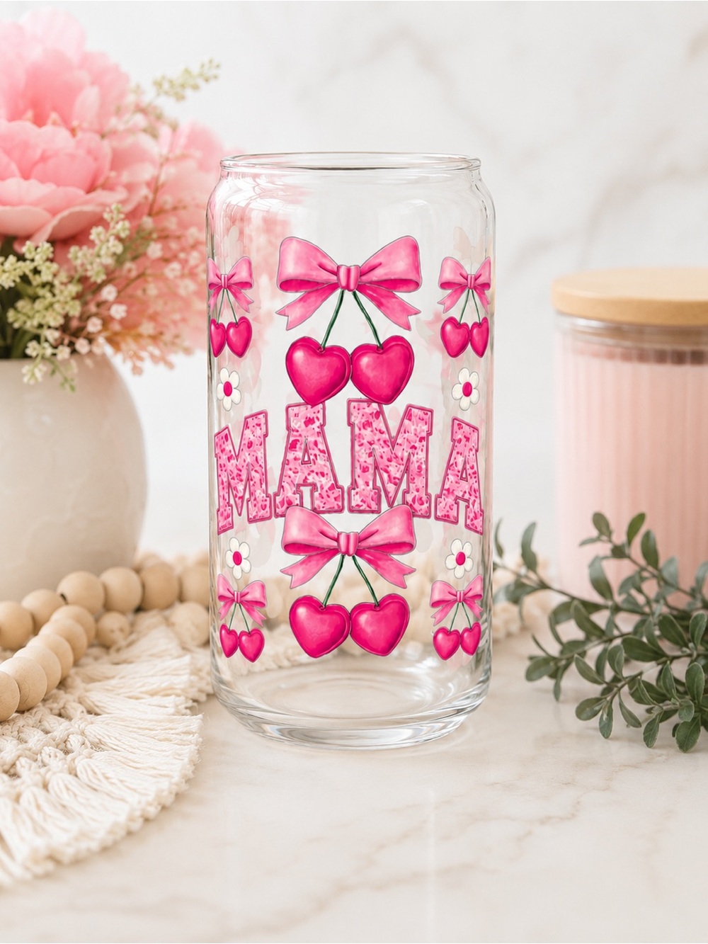 🎀 Mama Cherry Bow 16 oz Glass Tumbler 🍒